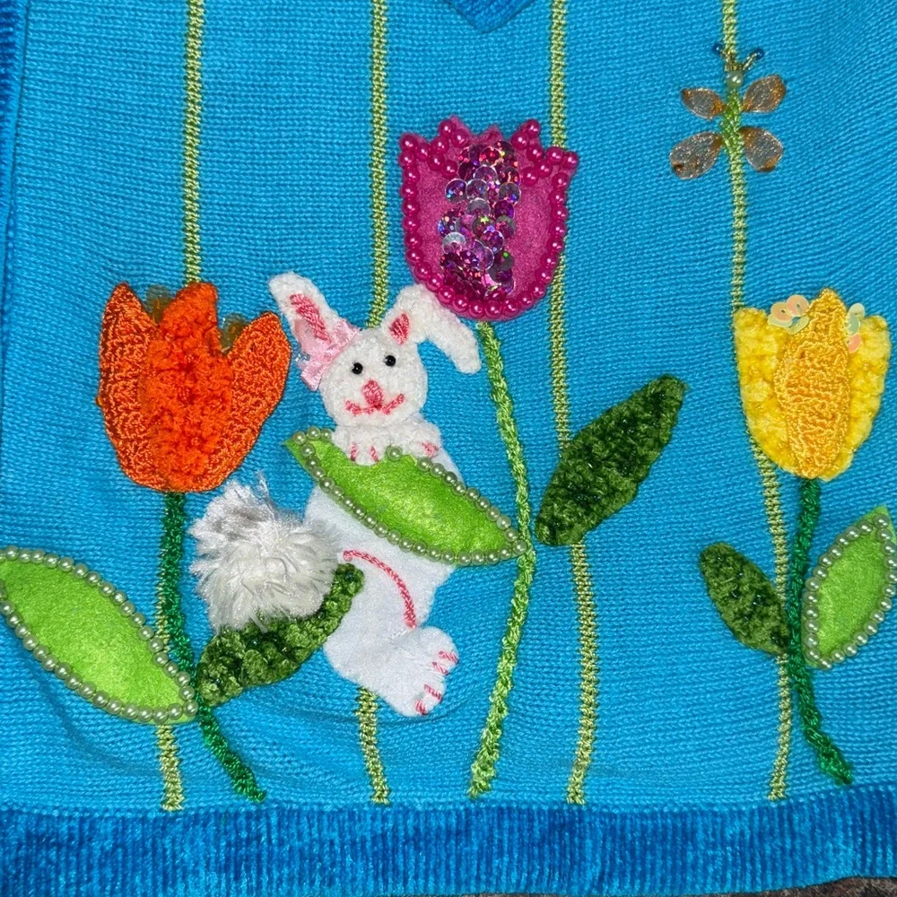 Vintage The Quaker Factory Blue Hand Embroidered Beaded Flowers Bunny Cardigan L - Picture 9 of 16